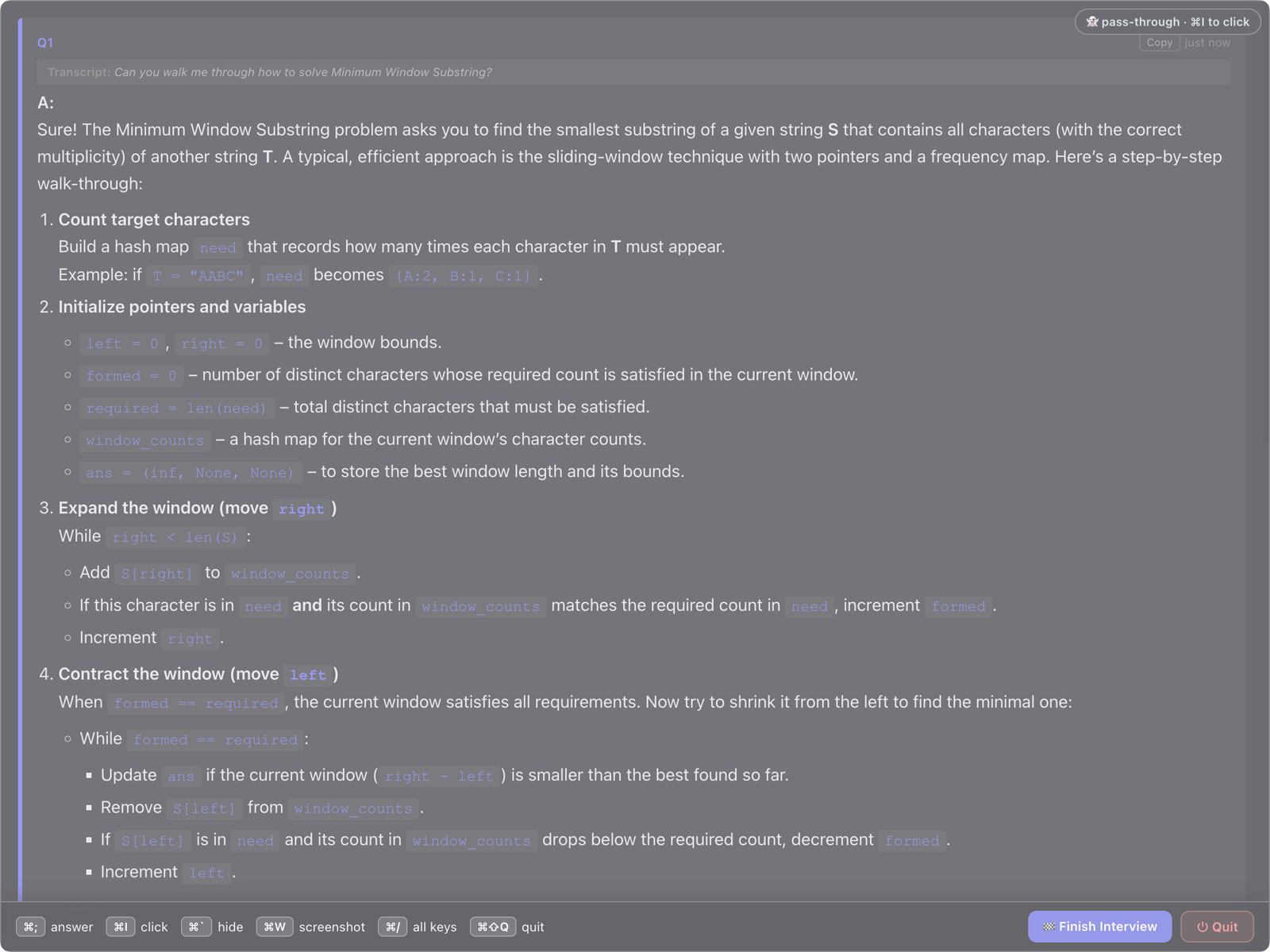 The InterviewWhisperer overlay answering a live coding question on screen